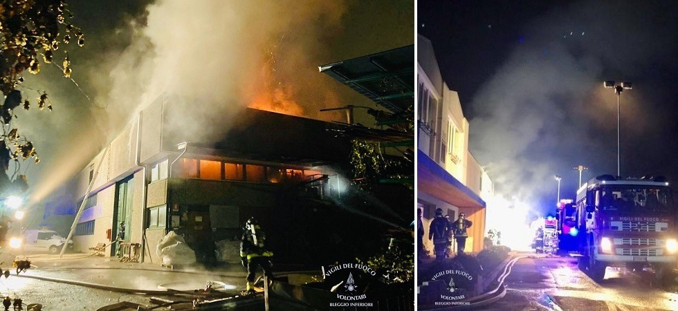 Scoppia l’incendio in falegnameria, per domare le fiamme decine di vigili del fuoco in azione